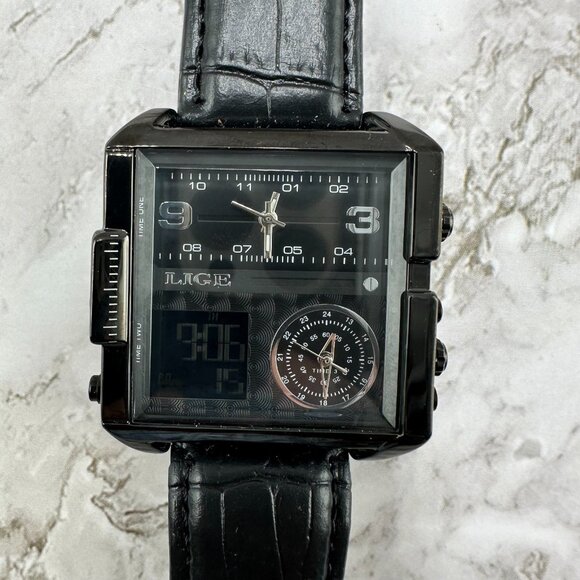 LIGE Watch Men Black Analog Digital Triple Time 42MM Dial New Battery 9.5 Inch - Picture 1 of 15